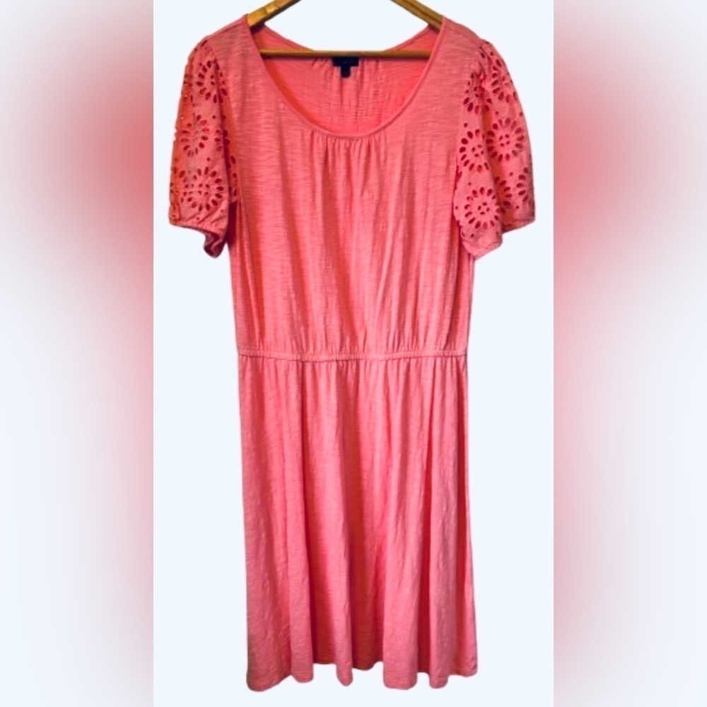 Talbots pnk slub knt elstc wst w eyelt puff slvs & fit n flare drss SZ L pastel